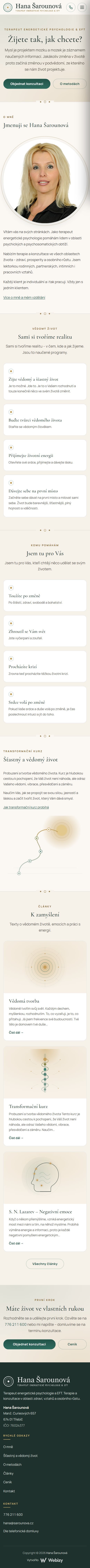 Úvodní stránka webu terapeutické praxe v zelené a béžové barevnosti – mobilní zobrazení