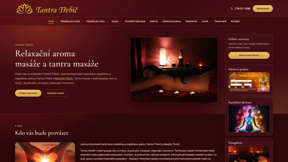 Úvodní stránka webu salonu Tantra Třebíč ve vínové a zlaté barevnosti