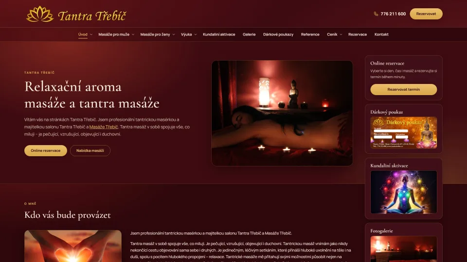 Úvodní stránka webu salonu Tantra Třebíč ve vínové a zlaté barevnosti