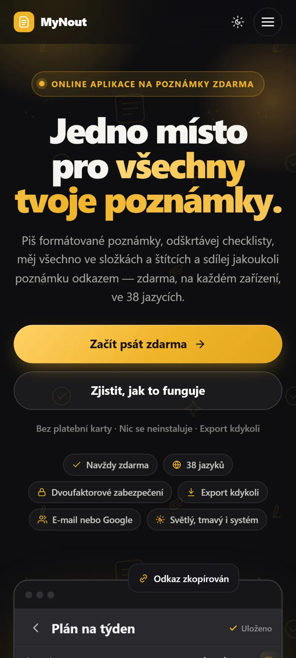 Úvodní stránka aplikace MyNout v tmavém režimu s ukázkou rozhraní poznámek – mobilní zobrazení