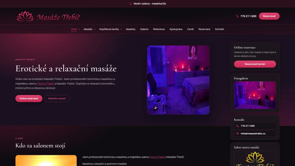Úvodní stránka webu Masáže Třebíč v tmavé barevnosti s růžovým akcentem