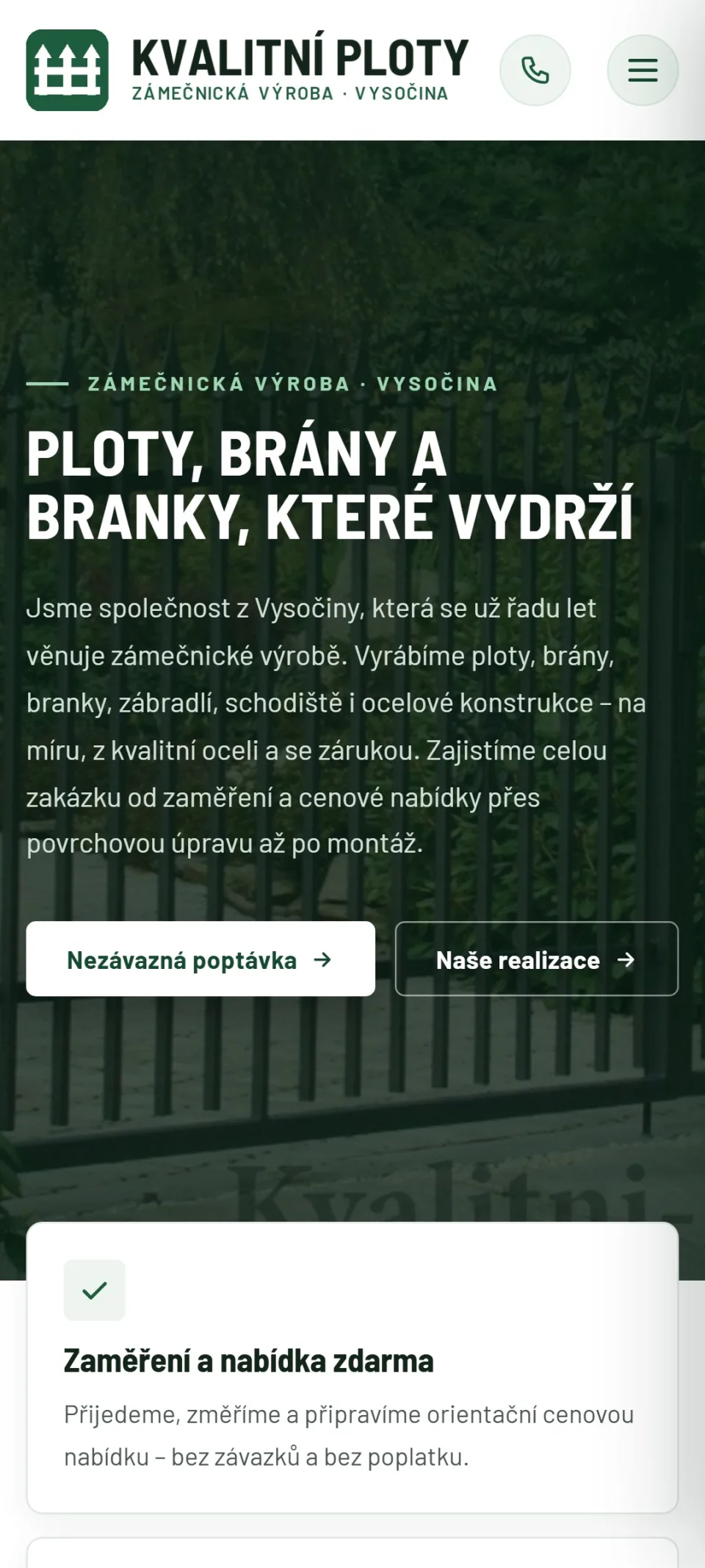 Úvodní stránka webu Kvalitní ploty s fotografií kovaného plotu – mobilní zobrazení