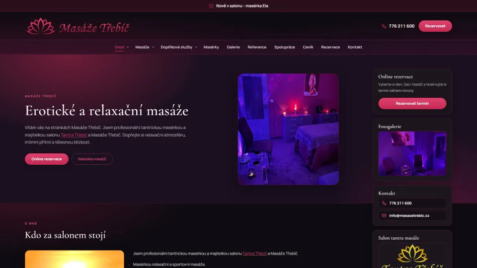 Úvodní stránka webu Masáže Třebíč v tmavé barevnosti s růžovým akcentem